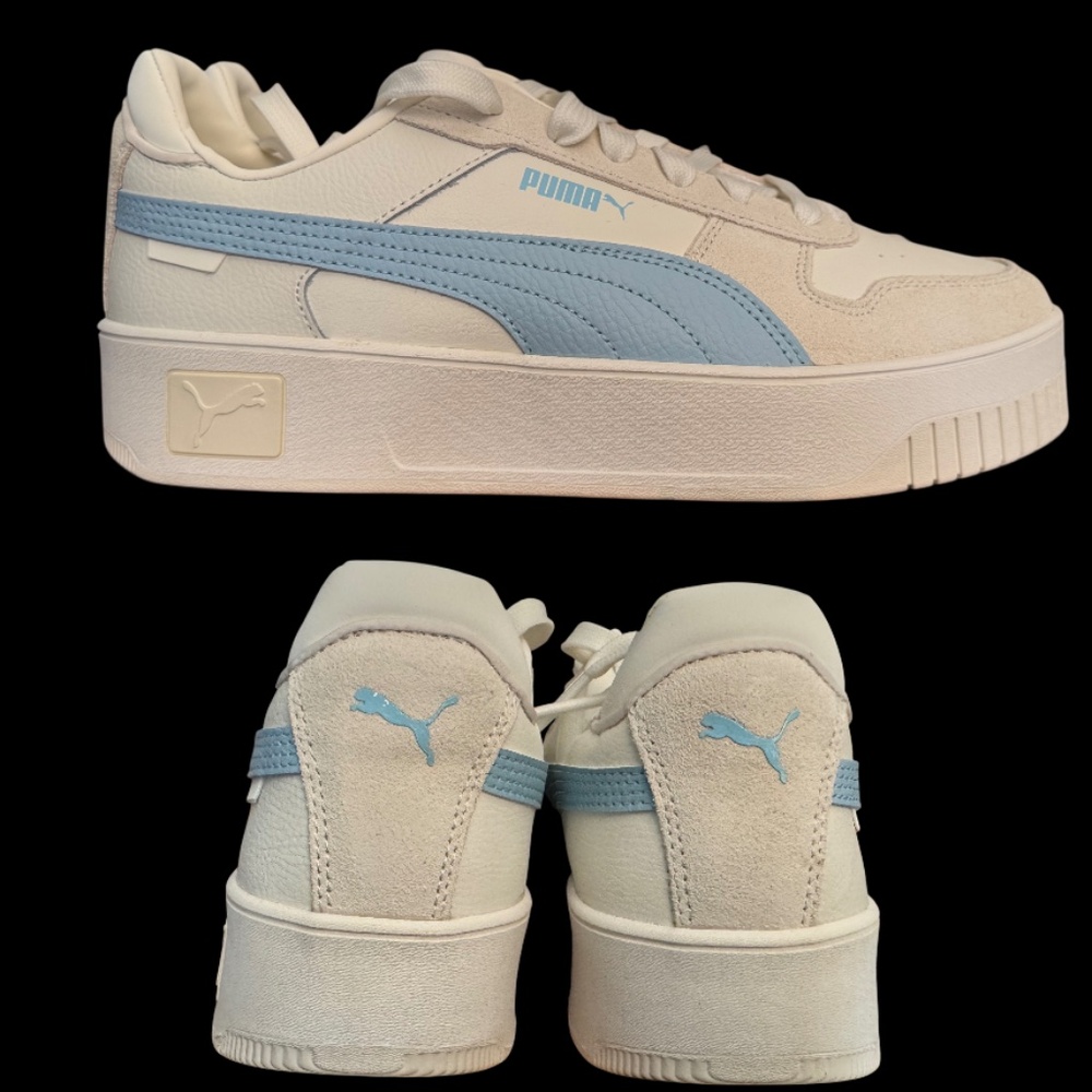 Puma Carina Street Suede Womens Sneaker off White and light blue Size 10